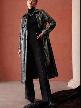 MOTF Dark Green Leather Trench Coat with Belt